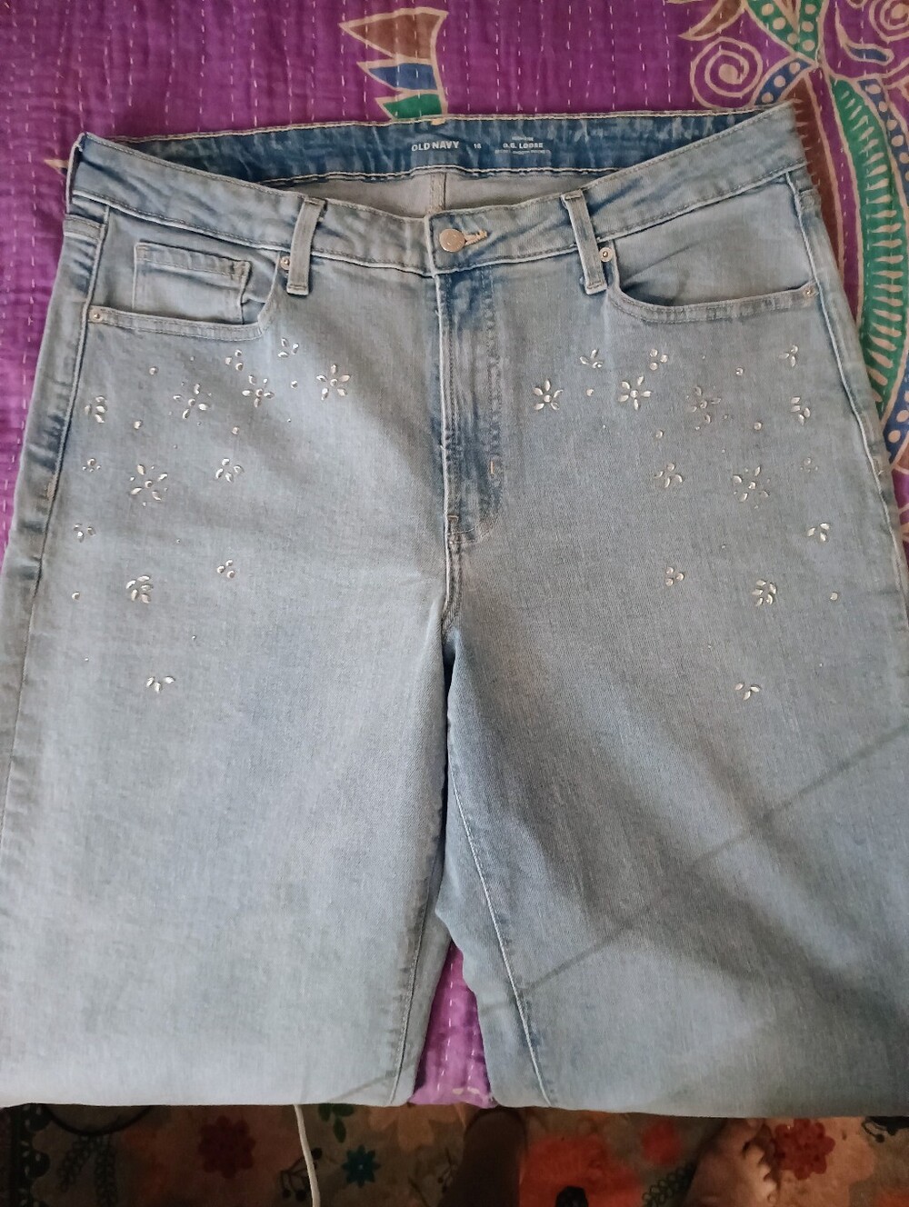 Old Navy Light Blue Straight Leg Jeans with Rhinestone Flowers